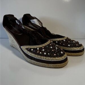 Laura Ashley Brown and Gold Embellished Wedges Size 8.5